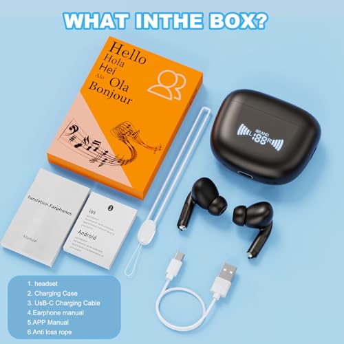 Language Translator Earbuds Real Time, 2025 Upgraded 144 Languages Real Time Translator Earbuds, Translation Headphones Wireless Bluetooth, Ai Translating Headphones APP Translation (Black)