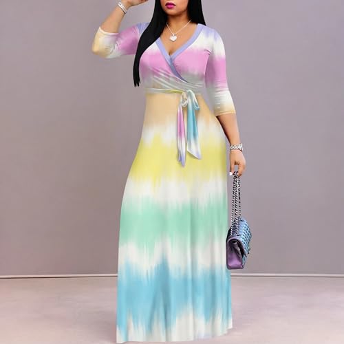 Image of PinkPatty Women's Plus Size Maxi Dresses Casual Flowy 3 /4 Sleeves Dress Printed Vacation Dress for Daily Wear with Belt