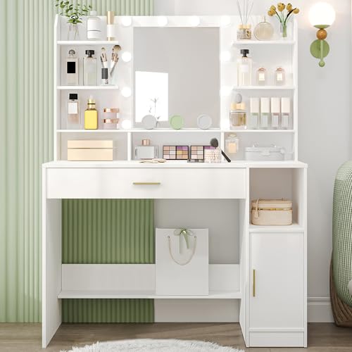 Hzuaneri Dressing Table, Large Tabletop with Mirror, LED Lig