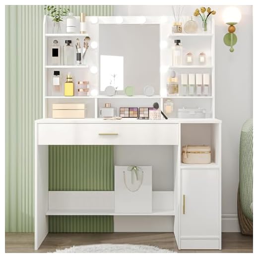 Hzuaneri Dressing Table, Large Tabletop with Mirror, LED Light with Adjustable Brightness, Organiser Drawers and Storage Cabinets, Open Shelves, for Bedroom, Cloakroom, White DT19903XUK