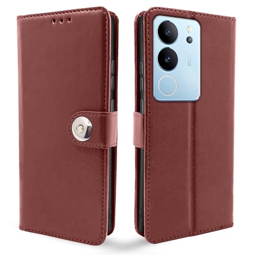 Image of Pikkme Vivo V29 / V29 Pro 5G Flip Cover Leather Finish | Inside TPU with Card Pockets | Wallet Stand and Shock Proof | Complete Protection Button Flip Case (Brown)