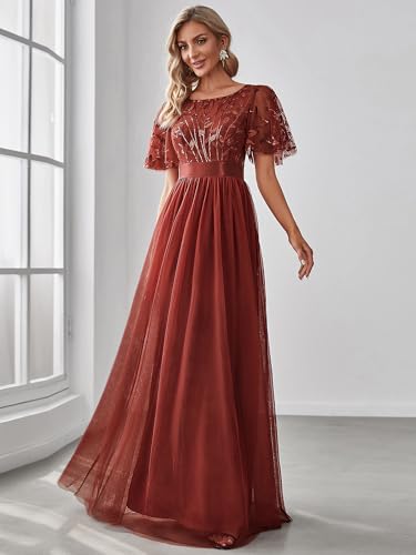 Image of Ever-Pretty Sequin Formal Prom Dresses for Women Ruffle Sleeves Empire Waist A-Line Long Mother of Bride Dress 00904