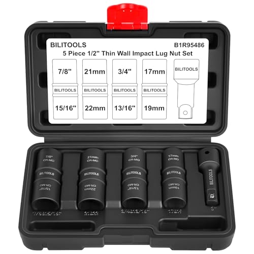 BILITOOLS Lug Nut Socket Set, 1/2 inch Drive Non-Marring Impact Flip Socket Set Metric 17-19 - 21-22 mm & SAE 3/4-13/16-7/8-15/16 inch, Thin Wall Wheel Protector Nut Socket