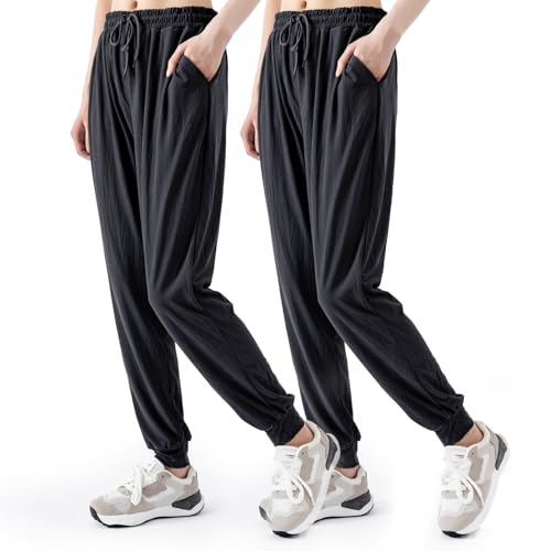 TRIUNION 2 Pack Womens Jogger Pants with Pockets Soft Tapered Joggers Sweatpants for Women Drawstring Lounge Pants,Black,Small - image 1