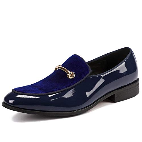 Oxford for Men Casual Loafer Shoes Slip On StyleGenuine Patent Leather&Suede Vamp Metaldecor Pointed Toe Low Top Block Heel Easy Care