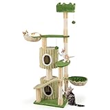 PETSITE 63 inch Tall Cat Tree, Multi-Level Aesthetic Stripped Cat Tower with Sisal Scratching Posts, 2 Condos, 2 Side Baskets, and 2 Dangling Balls, Indoor Green Cat Tree Tower for Indoor Cats
