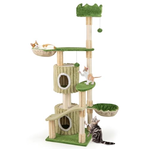 PETSITE 63 inch Tall Cat Tree, Multi-Level Aesthetic Stripped Cat Tower with Sisal Scratching Posts, 2 Condos, 2 Side Baskets, and 2 Dangling Balls, Indoor Green Cat Tree Tower for Indoor Cats
