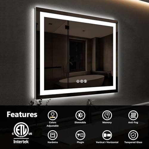ROOMTEC 30 * 30 Inch Led Bathroom Mirror with Lights,Smart Dimmable Vanity Mirrors for Wall,Anti-Fog Backlit Lighted Makeup Mirror