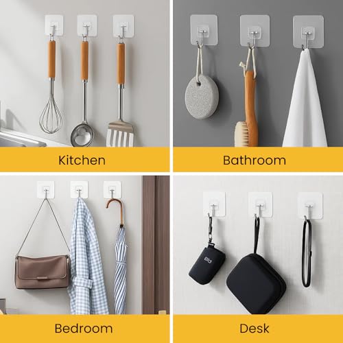 Image of Zulaxy Big Size Transparent Wall Hooks for Hanging - Heavy Duty Stainless Steel Adhesive Hooks for Bathroom, Kitchen, Towel, Utensils & Keys - Waterproof, No Drilling Required (Pack of 10)