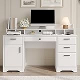 MaverickFurni Executive Desk with Hutch, 58 Inch White Computer Desk with 5 Drawers, Home Office Desk with Storage, Rustic Desk with Adjustable Shelves and Storage Cabinet for Bedroom