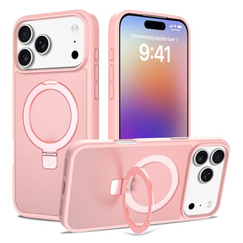Coque iPhone 17 rose translucide avec support anneau métal intégré
