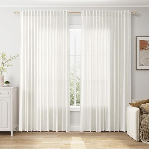 Image of Nanspring Extra Wide 100x108 Inch Linen Curtains for Living Room Divider Light Filtering Semi Sheer Curtains for Sliding Door Beige White Coastal Decor Floor to Ceiling Window Curtain Panel