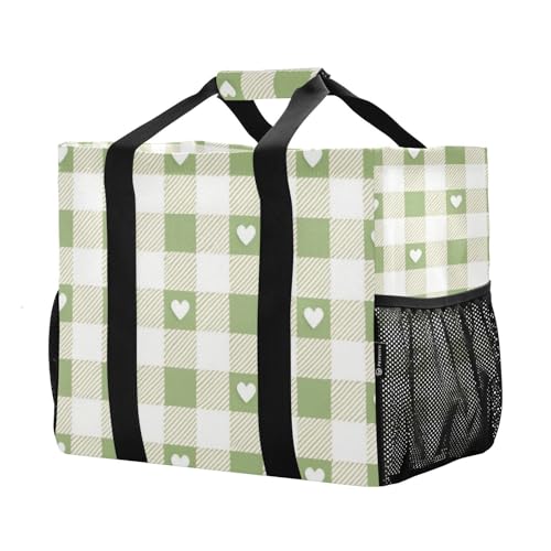 Grey-green Love Check Utility Totes Collapsable Water Resistant with Handles Beach Tote Bag2