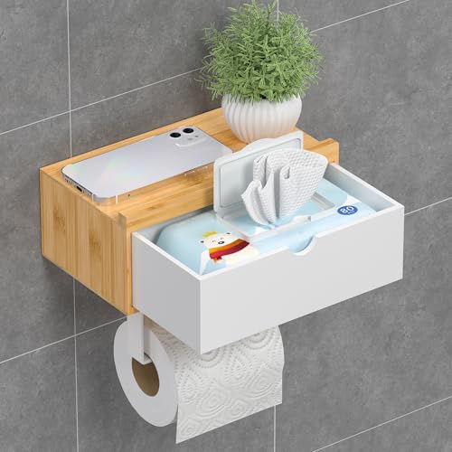 EXABANG Toilettenpapierhalter Ohne Bohren Klopapierhalter mit Feuchttücherbox Klorollenhalter mit Ablage Bambus Papier Halterung für WC Badezimmer Selbstklebend or Bohren Natur