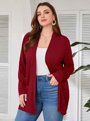Image of AusLook Plus Size Lightweight Cardigans for Women Open Front Pockets Jacket | 1X-5X,Soft Stretch,Long Sleeve,Longline Coverage,Dress Jeans Layer,Work Travel Style,Spring Fall Wear