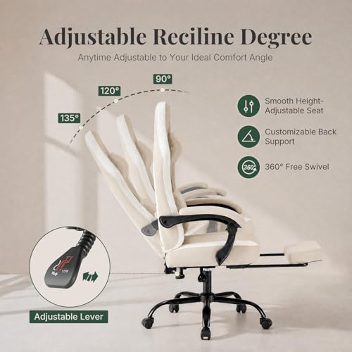 Image of Computer Gaming Chair - High Back Ergonomic Desk Chair with Footrest and Lumbar Support, Height Adjustable Task Chair with Linkage Armrests and Headrest, 360 Swivel Wheels, Khaki