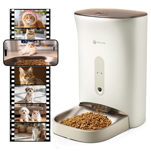 Amicura F1 Pro Distributore Automatico Cibo Gatti e Cani con Telecamera HD 2K & Visione Notturna a 160°, 4.5L Dispenser Crocchette Gatto con WiFi 2.4G/5G, Antiblocco, Freschezza Tripla, Controllo APP