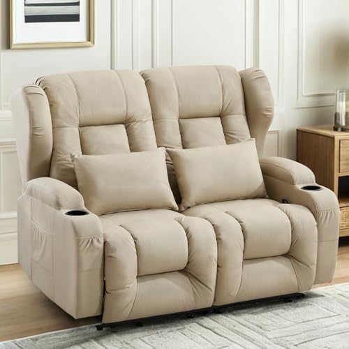 Image of Loveseat Recliner Sofa,RV Wall Hugger Recliners for Small Spaces,Fabric Reclining Loveseat Sofa Recliner with Cup Holders /Lumbar Pillows,RV Furniture (Beige, 56 inch 2-Seater)