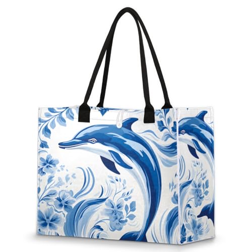 Art Blue Dolphin Tote Bag for Women Large Beach Bag Reusable Tote Bags for Work Travel Beach Shopping