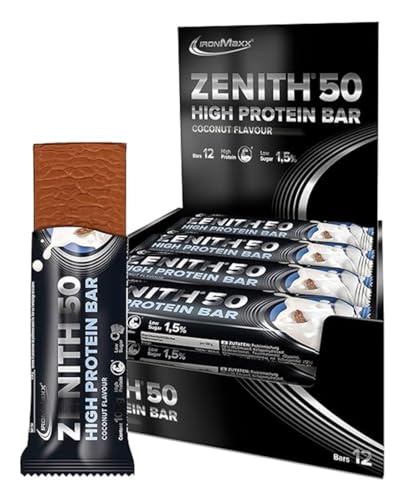 IronMaxx Zenith 50 High Protein Bar - Kokosnuss - 12x100g | Eiweißriegel mit 50% Protein | Low Sugar Snack mit cremiger Umhüllung | High Proteinriegel für Muskelaufbau, Diät & Fitness