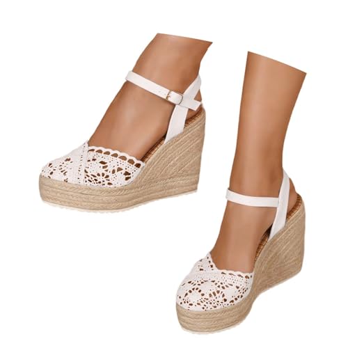 Dasongff Sandales Femme Été Espadrille Compensées Plateforme Plates Chaussures à Bout Fermé en Dentelle Confort Bride Cheville Vintage Vacances Talon...