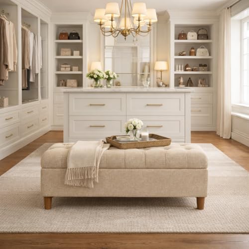 Image of HomePop 40 inch Ainsley Button Tufted Storage Bench - Light Tan Textured Solid
