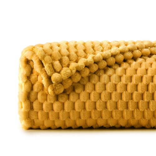 Image of BEDELITE Mustard Yellow Twin Blanket for Couch, Soft Cozy Gifts for Women | 3D Jacquard Decorative Fleece Blanket, Super Soft Plush Throws, Cute Birthday Gift for Women, Suitable for All Seasons, 60*80