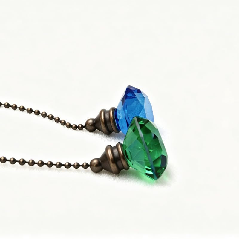 Image of Crystal Diamond Ceiling Fan Pull Chain Ornament, 12 inch Ball Chain Blue & Green Fan Light Pulls Decorative Extension with Connector
