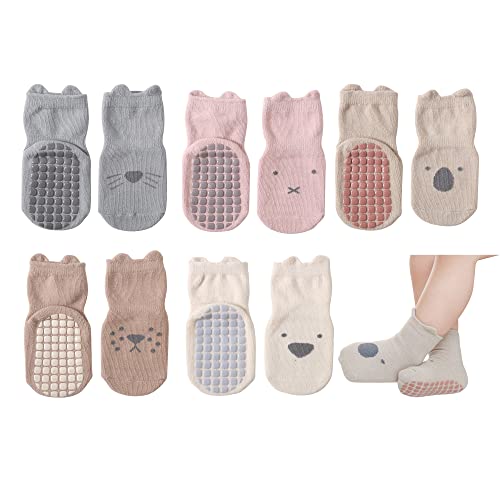 Image of YALOJE Baby Non Slip Socks with Grippers Cute Infant Anti Slip socks for Toddler and Kids Walking Crew Socks 5 pairs