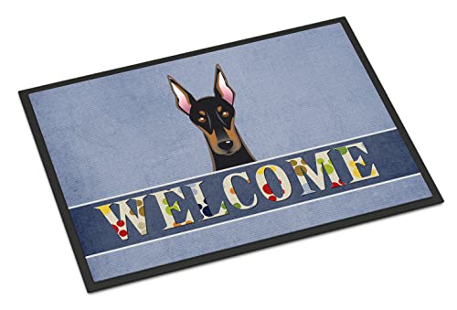 Caroline's Treasures BB1431JMAT Doberman Welcome Doormat 24x36, Blue Front Door Mat Indoor Outdoor Rugs for Entryway, Non Slip Washable Low Pile, 24H X 36W