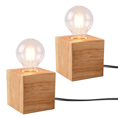 BORDEAG Lot de 2 lampes de chevet cubiques en bois avec douille E27 et interrupteur à cordon; lampes de table idéales pour la chambre, le salon, le bureau,...