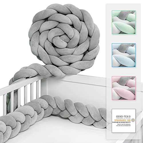 JAKOR® Bettschlange geflochten 3M - geprüfte Laborqualität - Bettumrandung geflochten inkl. Wäschenetz - Babybettumrandung - Bettumrandung Babybett – Bettschlange 300 cm (Grau)