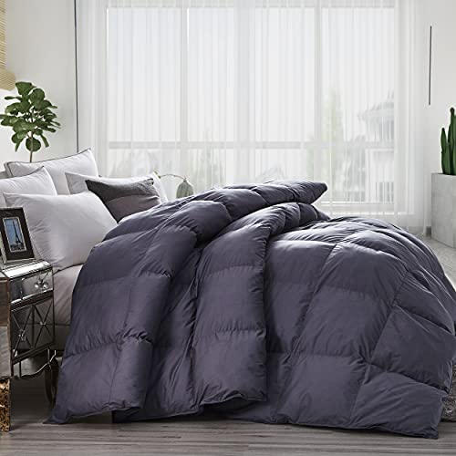 Luxurious California King (Cal King) Size Goose Down Feather Fiber Comforter Duvet Insert, 108 X 98 inches, 100% Egyptian Cotton Cover, 80 oz. Fill Weight Comforter (Cal King, Gray Solid)