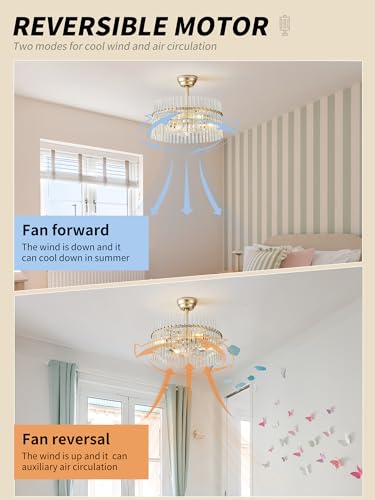 Image of SYDACG 20 inch Gold and Clear Crystal Fandelier Ceiling Fan with Light, Mid-Century Chandelier Ceiling Fan with Light Remote Control, 6 Speeds for Bedroom, Nursery, Living Room