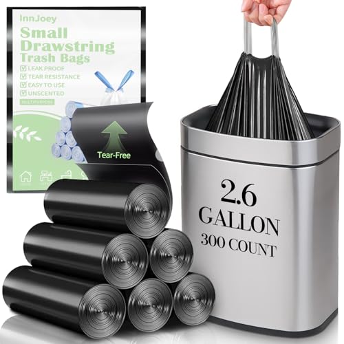 Image of 300 Count Small Drawstring Trash Bags for 2.6-Gallon (10 L) Trash Cans, Thick Pre-separated Garbage Bags, Mini Wastebasket can Liners for Bathroom Bedroom Office(Black)