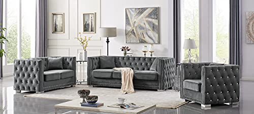 Iconic Home Christophe Club Chair Velvet Upholstered Button Tufted Nailhead Trim Shelter Arm Design Silver Tone Metal Block Legs Modern Transitional, Grey #TOP6