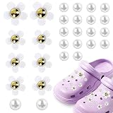 28 dijes de perlas y flores de cocodrilo, dijes de decoración de zapatos de diseñador con botones, flores, bonitos pines de flores para niñas y mujeres, bonitos accesorios de margaritas de moda para