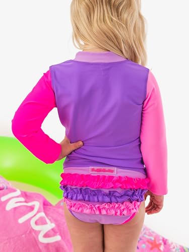 Image of RuffleButts Baby /Toddler Girls Long Sleeve Rash Guard 2 Piece Swimsuit Set w /UPF 50+ Sun Protection with Zipper
