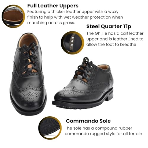 Leather Ghillie Brogue Kilt Shoes Traditional Scottish Piper and Highland Outfit Wedding Shoes Featuring Extra Long Laces & Leather Tassels - Sizes 6 – 17 Style – All Weather Sole Piper Color – Black2