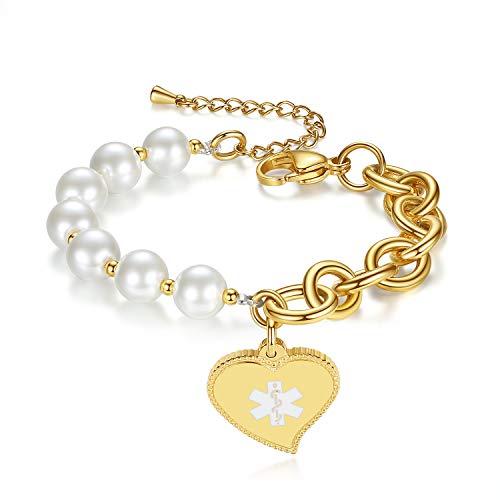 Mnmoom Elegant Imitation Pearl Beaded With Heart Medical Alert Charm Medical Id Bracelets For Women Gold Coumadin Bracelet #TOP8