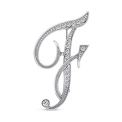 Image of Large Statement ABC Pave Crystal Cursive Script Monogram Letters Alphabet Initial F Scarf Lapel Pin Brooch For Women Silver Plated