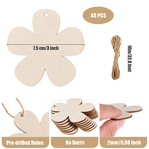 48 Pieces Wooden Flower Cutouts With Holes 3 Inch Unfinished Wood Flower Cutouts Slices Blank Flower Shape Wood Tags Ornaments With Twine For Kids Painting Diy Crafts Spring Party Home Decorations #TOP1