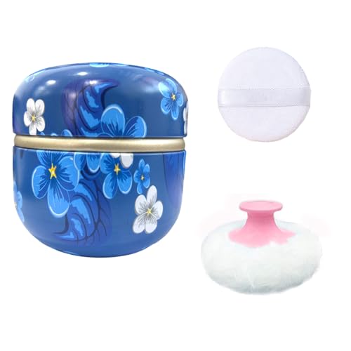 Houppette à poudre corporelle avec son récipient bleu pour le bain et voyage