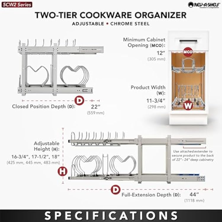 Rev-A-Shelf 2-Tier Kitchen Cabinet Pullout 11.75 Cabinet Organizer for Pots, Pans, and Lid Cookware, Adjustable Heavy Duty Wire, Chrome, 5CW2-1222-CR