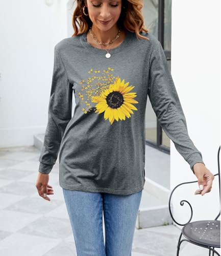 Women's Fall Sunflower T Shirt Cute Graphic Tees Casual Loose Long Sleeve Crew Neck Tunic Tops2