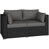 Yaheetech Patio Rattan Sofa, 2-Seater Garden Furniture with Cushions & Throw Pillows, Outdoor Rattan Couch with Protective Cover for Balcony, Yard, Porch, Deck, Black & Grey