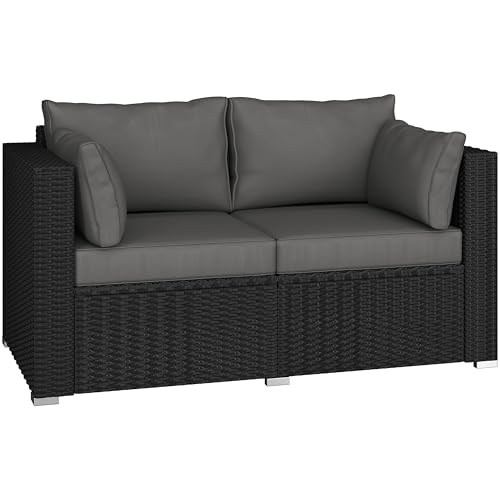 Yaheetech Patio Rattan Sofa, 2-Seater Garden Furniture with Cushions & Throw Pillows, Outdoor Rattan Couch with Protective Cover for Balcony, Yard, Porch, Deck, Black & Grey