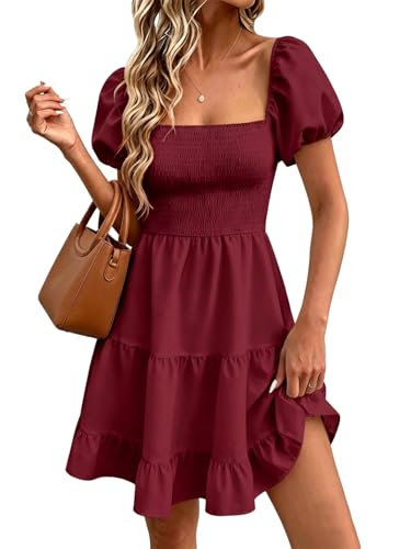 Image of Wenrine Womens Puff Sleeve Babydoll Dress Summer Floral Square Neck Smocked Casual Off Shoulder Ruffle Boho Mini Dresses