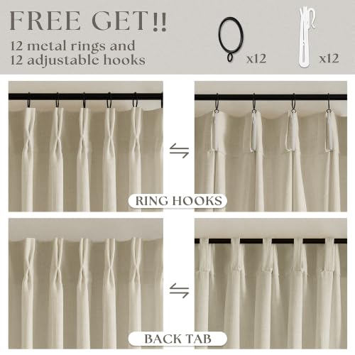 Image of Extra Wide Pinch Pleat 60 x 102 Inch Linen Curtains for Living Room Neutral Beige Light Filtering Semi Sheer Pleated Curtains for Patio Glass Sliding Door Dining Bedroom Large Window 60x102 1 Panel