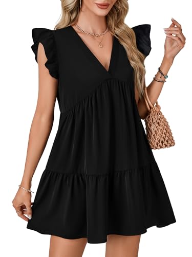 Image of LYANER Women's Summer Casual Babydoll Mini Dress Ruffle Sleeveless Deep V Neck High Waist Flowy Swing Tunic Dress